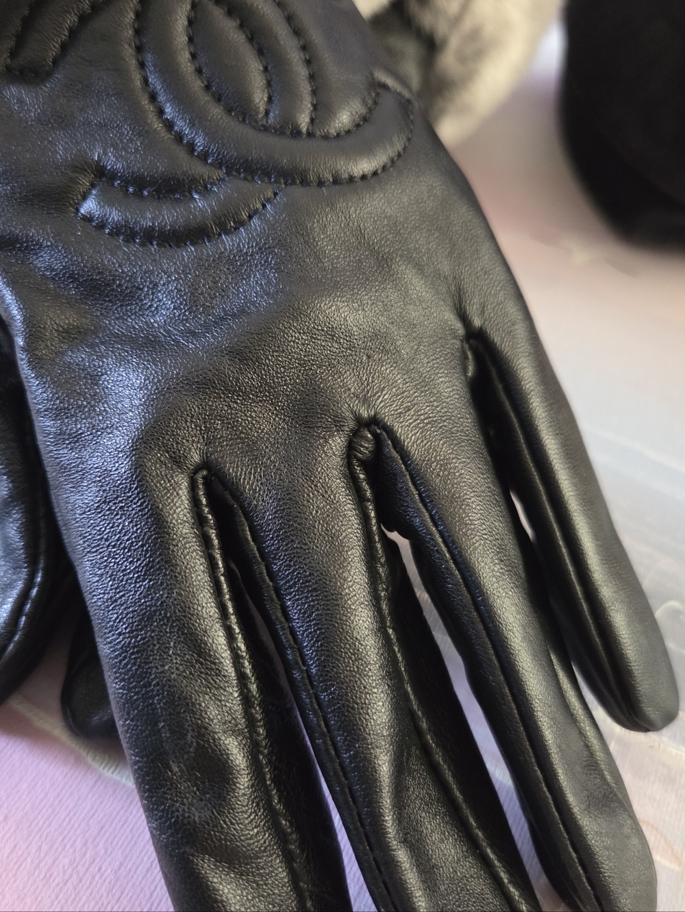 Upcycled Refurbushed Black Leather Gloves with Rabbit Fur Cuff Vintage